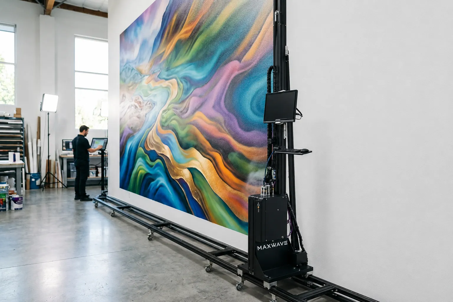Vertical wall printer in commercial interior setting